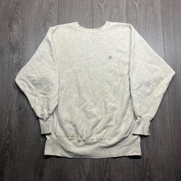 Vintage Champion Reverse Weave 1990s Grey Sweatshirt Large Distressed Oversized - Picture 1 of 10